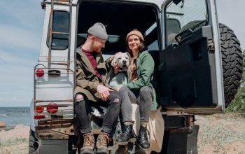 Young couple relaxing by the ocean in a van with their dog on a sunny day.